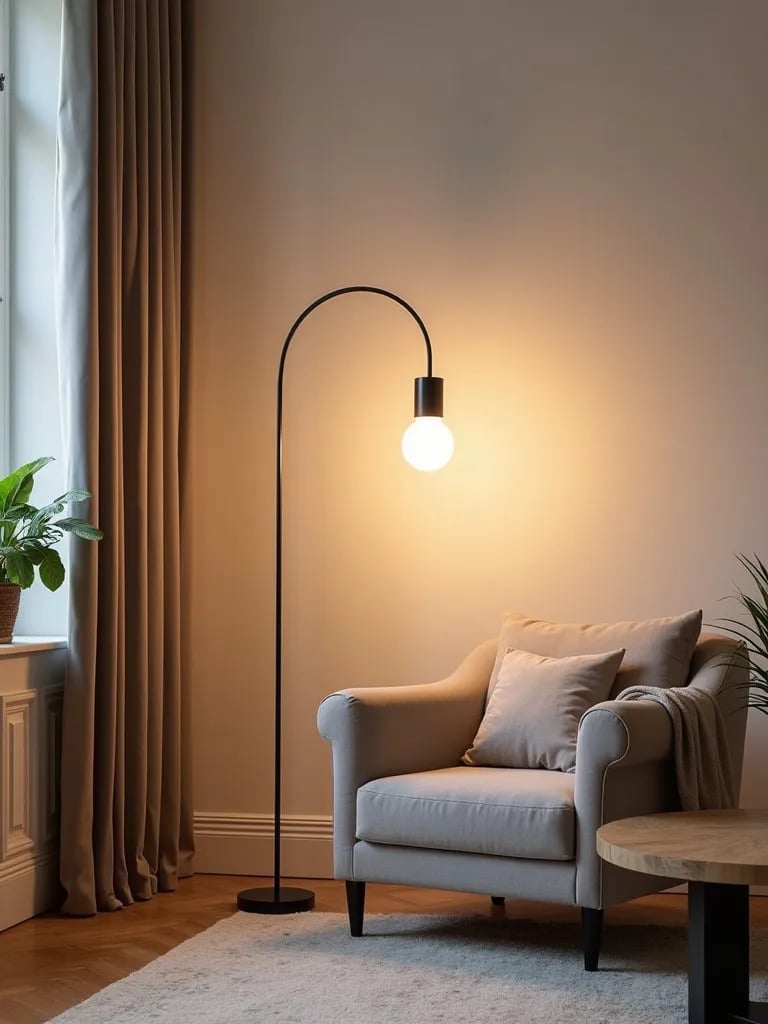 Seated view of living room with prominent arc lamp and interchangeable bulbs