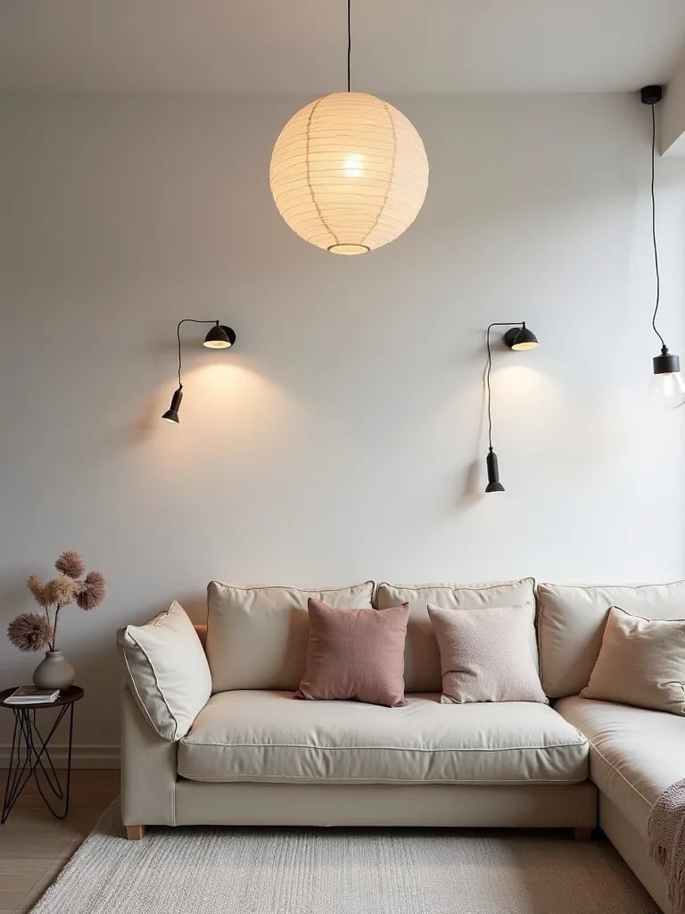 Serene living room with Scandinavian style light fixtures in soft light