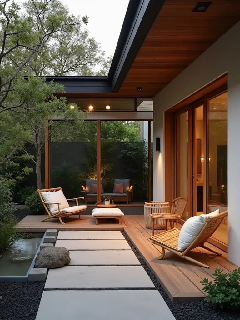Serene porch with low bamboo furniture and water feature at dawn