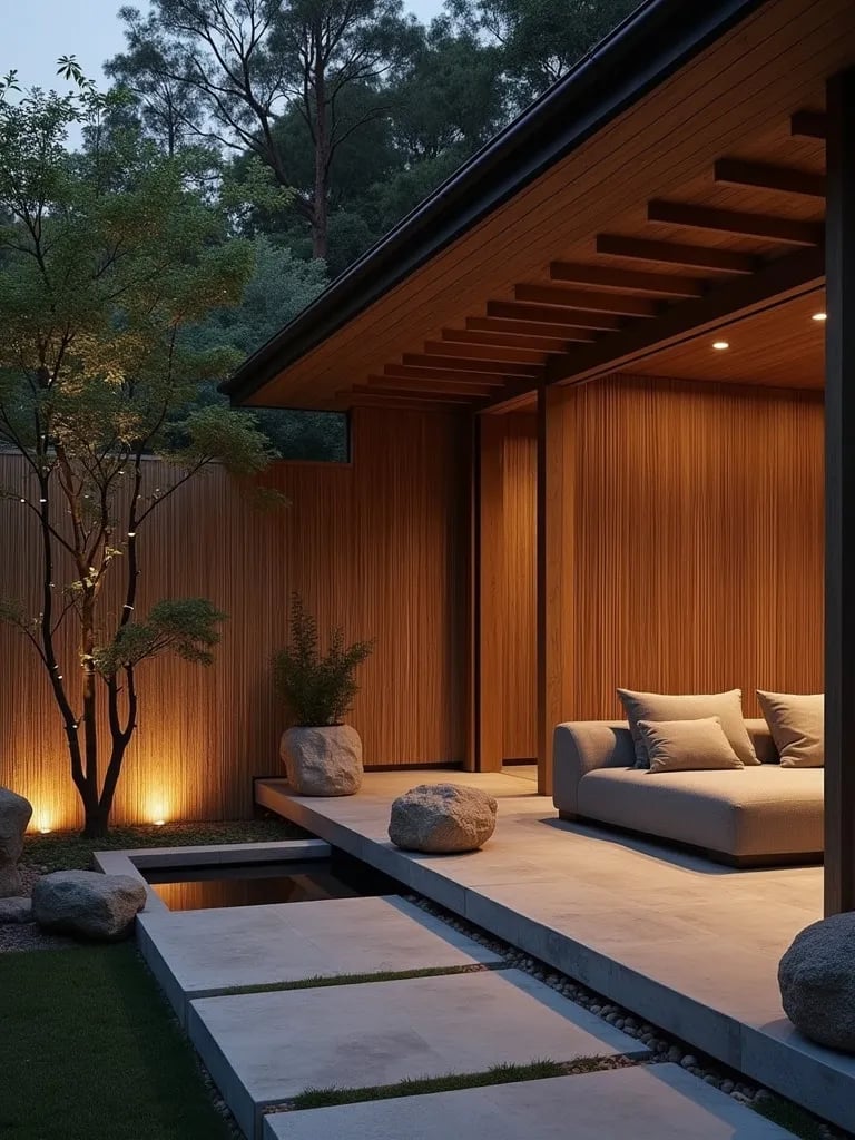 Serene porch with minimalist seating and zen inspired lighting
