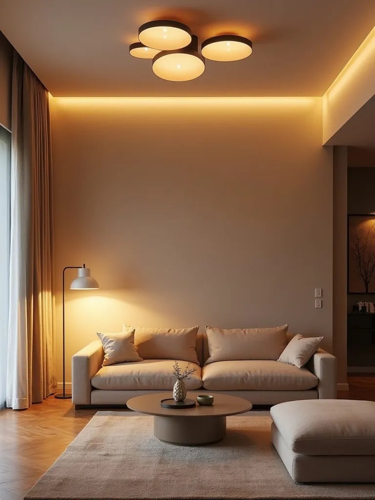Sleek living room with minimalist lighting during golden hour
