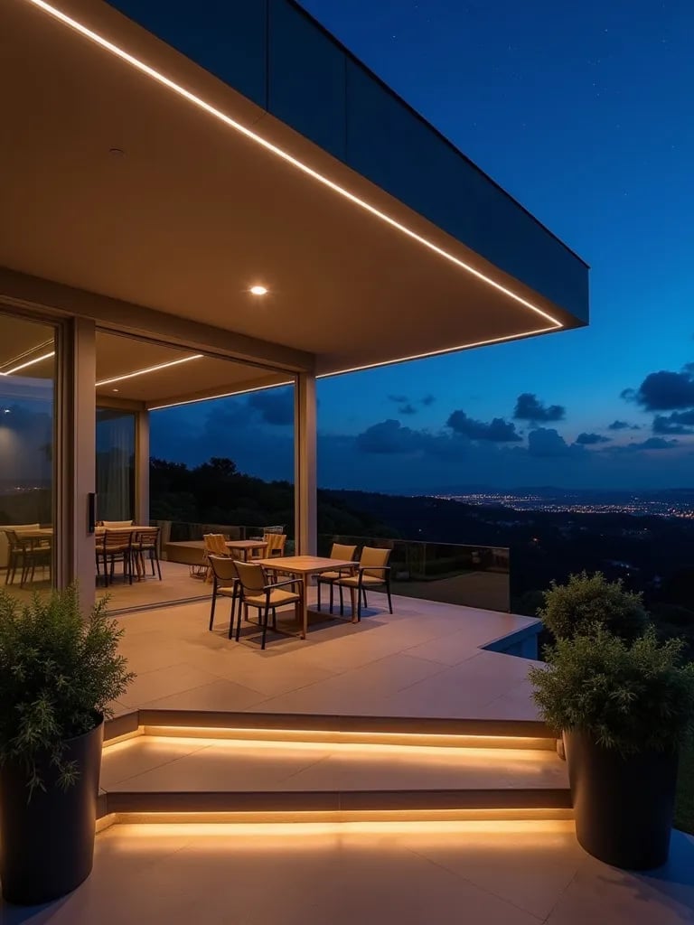 Sleek porch featuring recessed LED lighting and panoramic night view