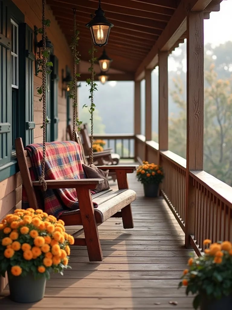 Small cottage porch with wooden swing and autumn decor