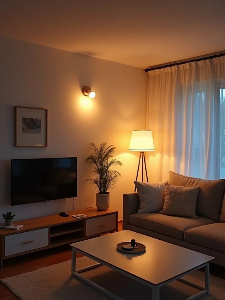 Smart living room with voice controlled LED, incandescent, and fluorescent lights