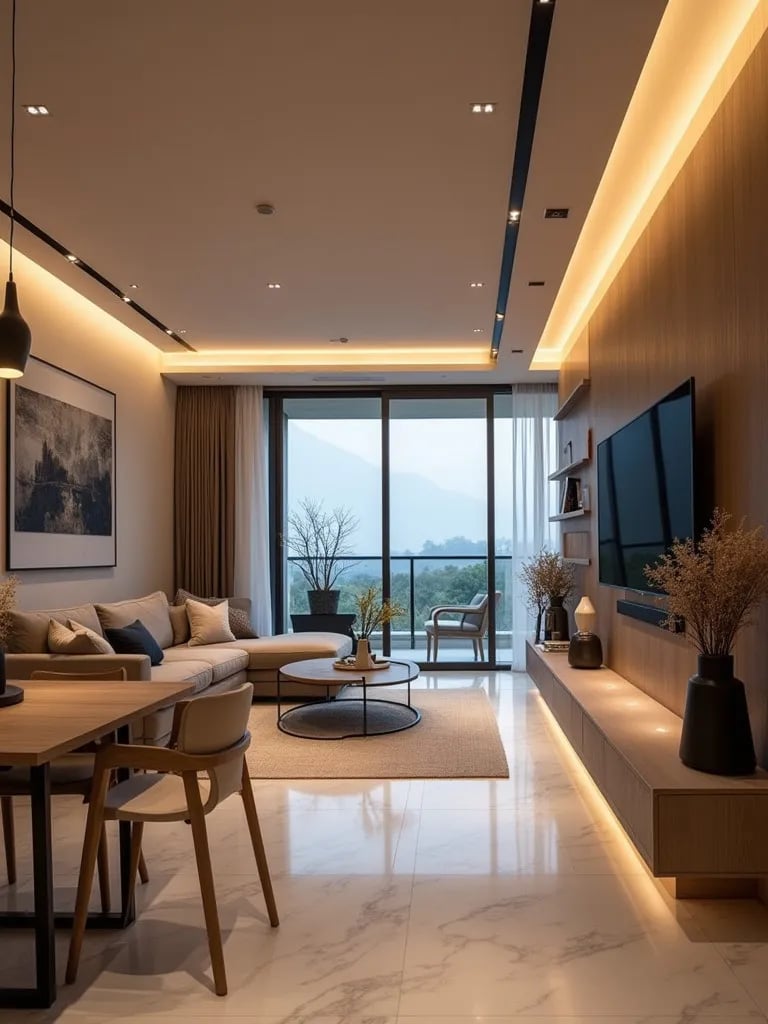 Spacious living room with ambient glow from recessed ceiling lights