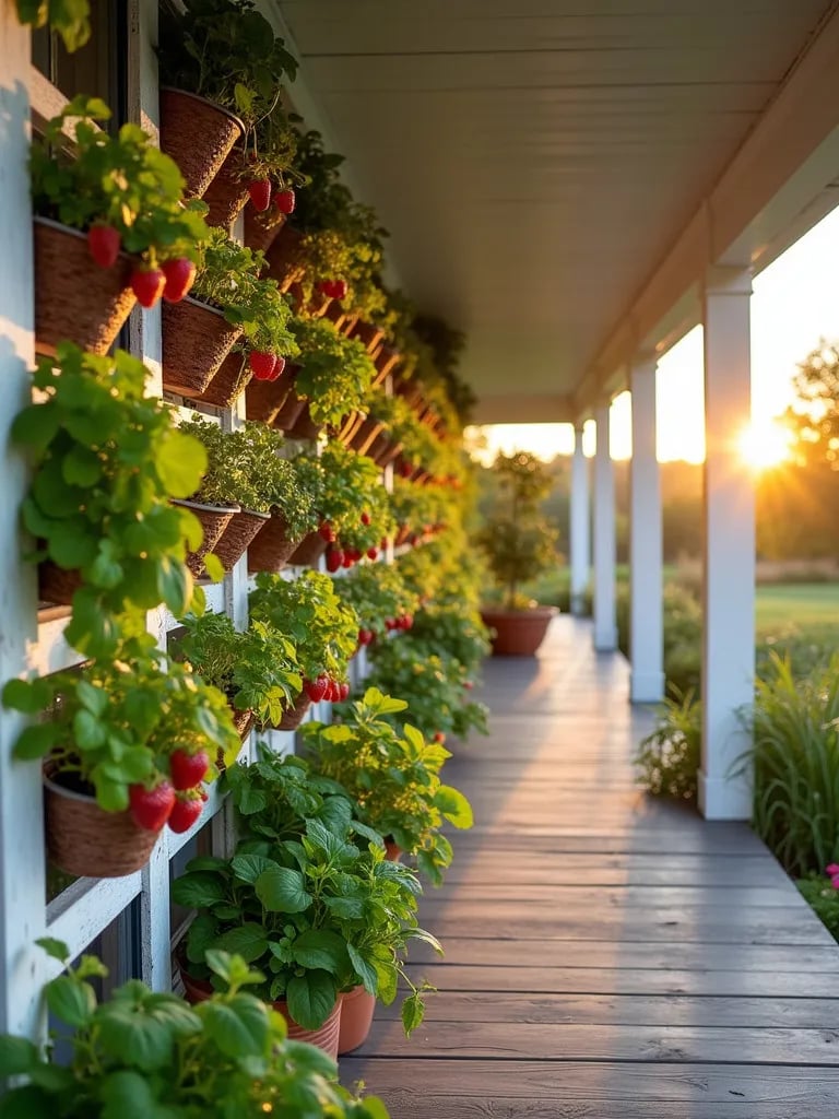 Spacious porch featuring white trellis structure with various edible plants growing vertically