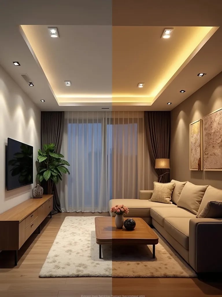 Split screen living room with LED, incandescent, and fluorescent recessed lights