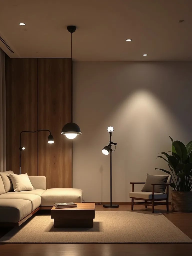 Stylish living room with pendant, recessed, and floor lamps