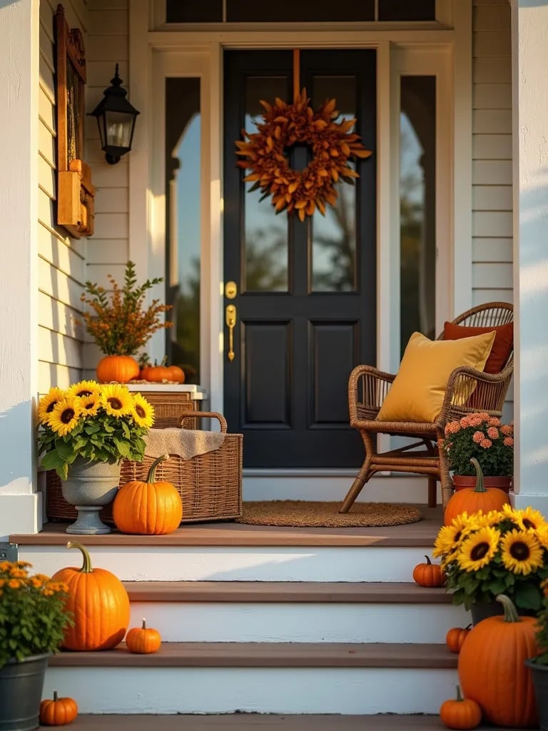 Transitional porch decor featuring sunflowers, pumpkins, and warm textiles