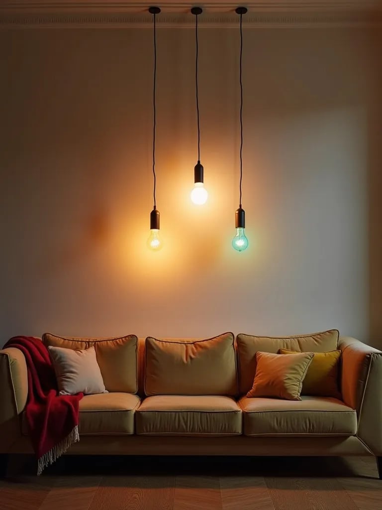 Triptych of pendant lights with LED, incandescent, and fluorescent bulbs