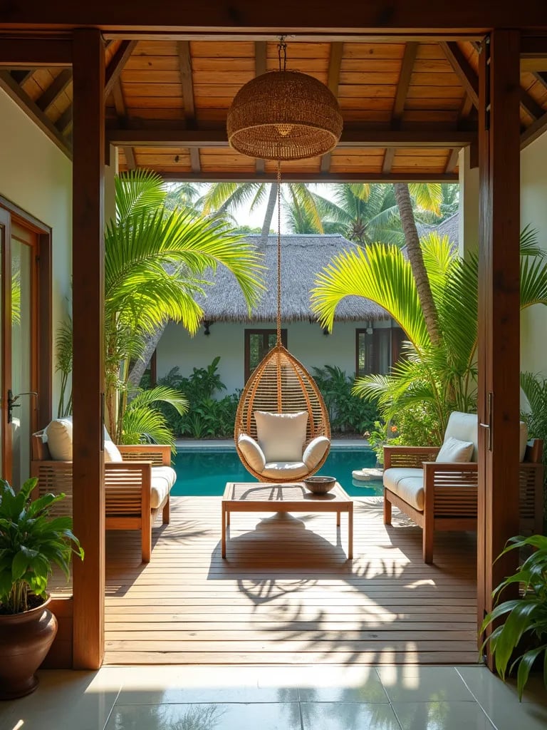 Tropical porch with teak furniture and hanging egg chair by the pool