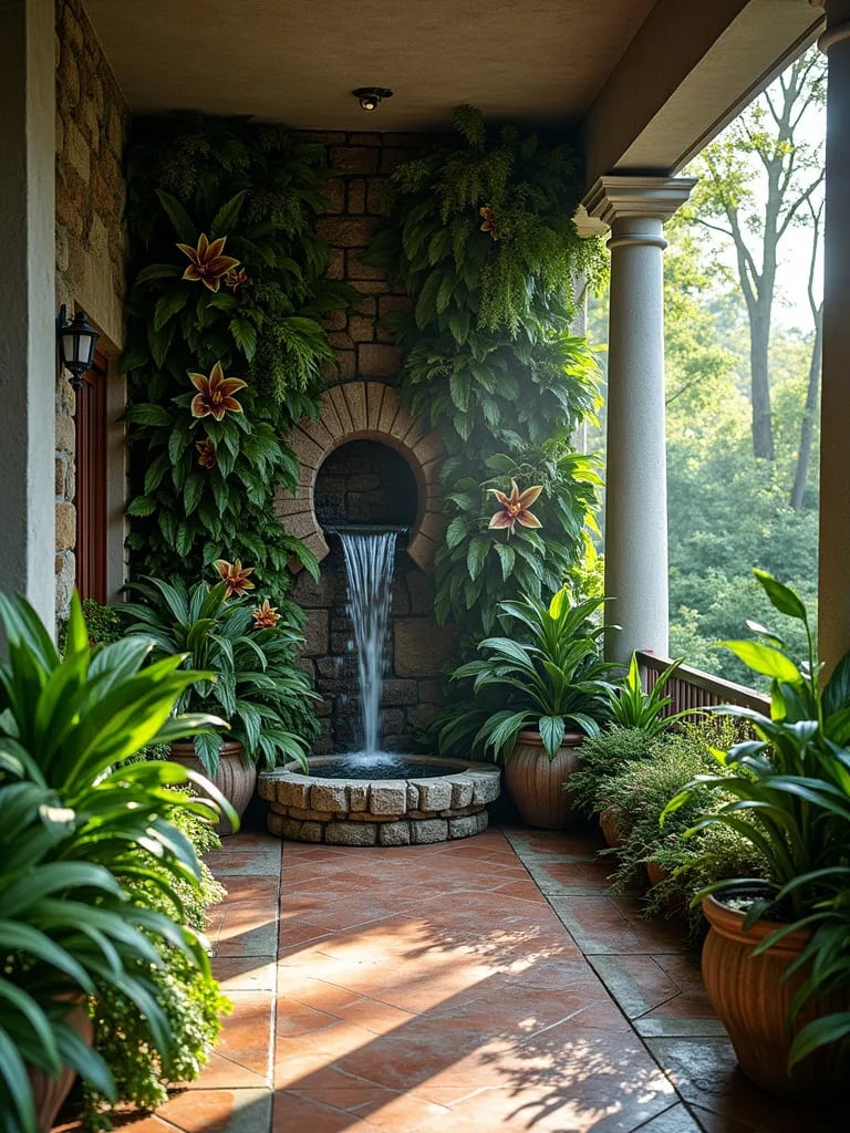 Tropical porch with vertical garden wall of exotic plants and small waterfall