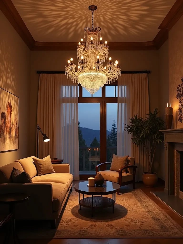 Twilight living room with grand chandelier as focal point