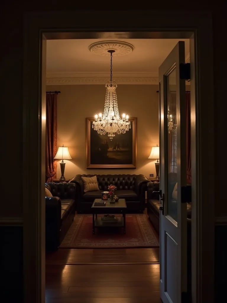 Warm, intimate living room featuring crystal chandelier and sconces