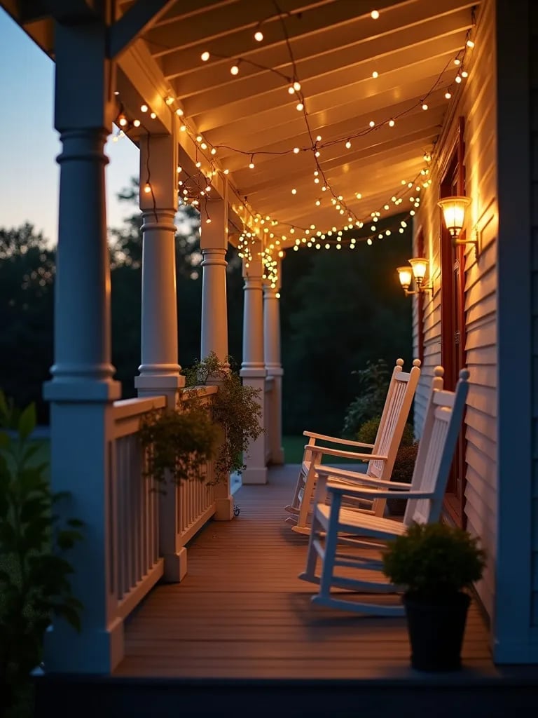 Warm lit farmhouse porch with string lights and white rocking chairs