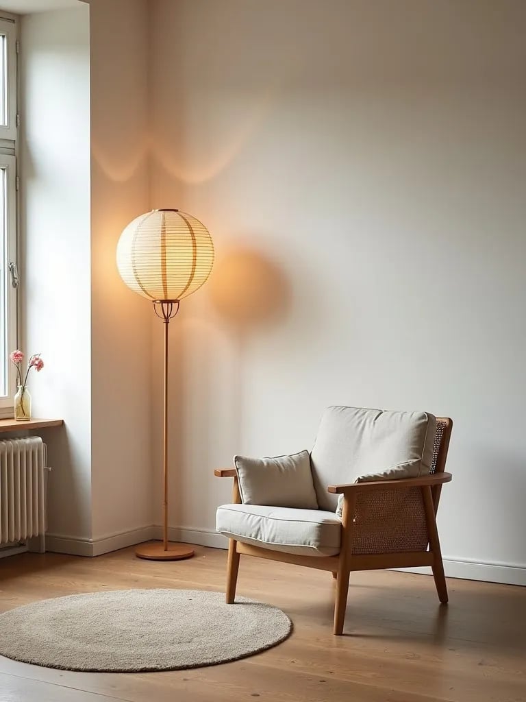 Wide view of minimalist room with soft light from paper lantern lamp
