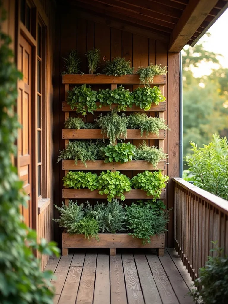 Wooden porch featuring multi tiered pallet vertical garden with various plants
