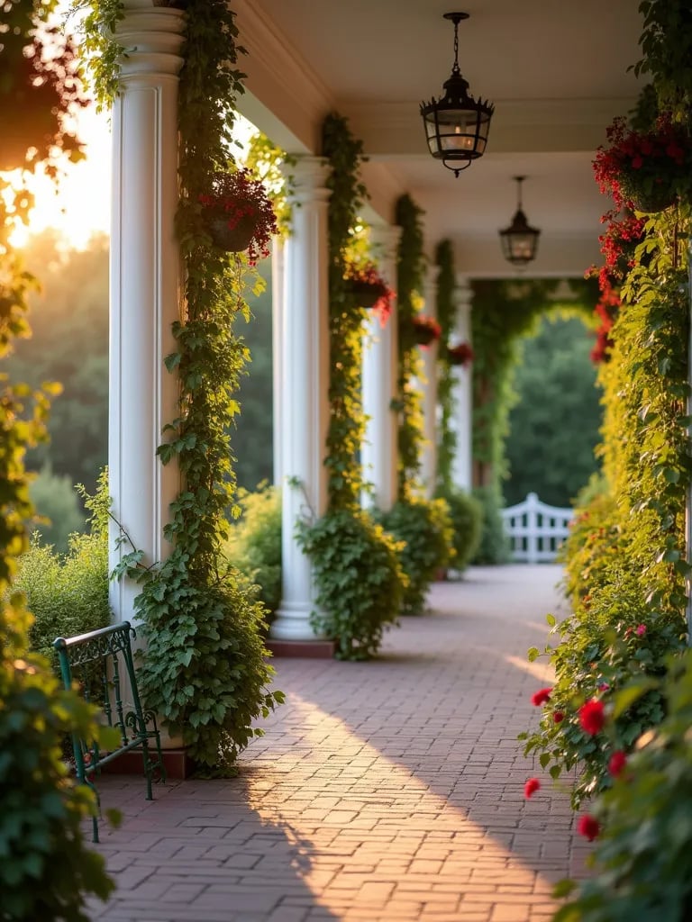 Wraparound porch with hanging vertical planters full of cascading flowers