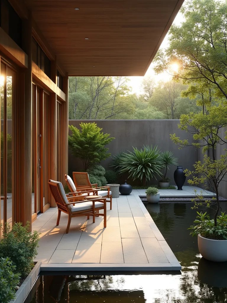 Zen inspired porch setup with minimalist furniture and calming elements