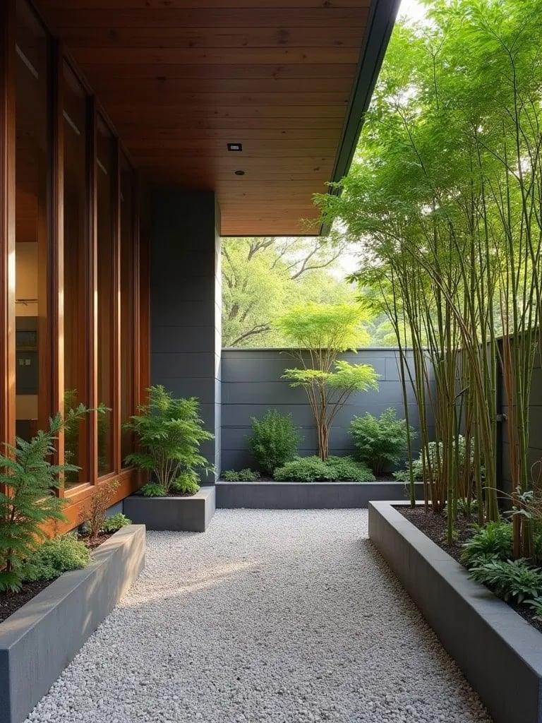 Zen porch with vertical garden of bamboo and Japanese maples in concrete planters
