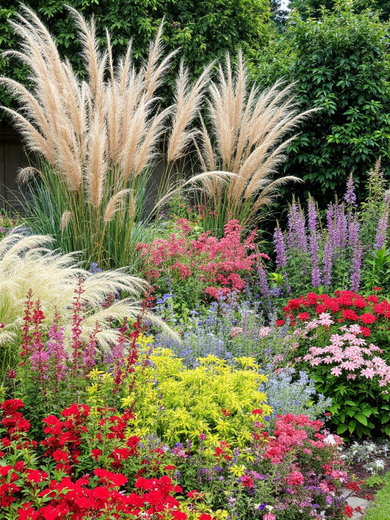 Design a vibrant backyard landscape using a variety of tall ornamental grasses, flowering perennials, and trailing vines.