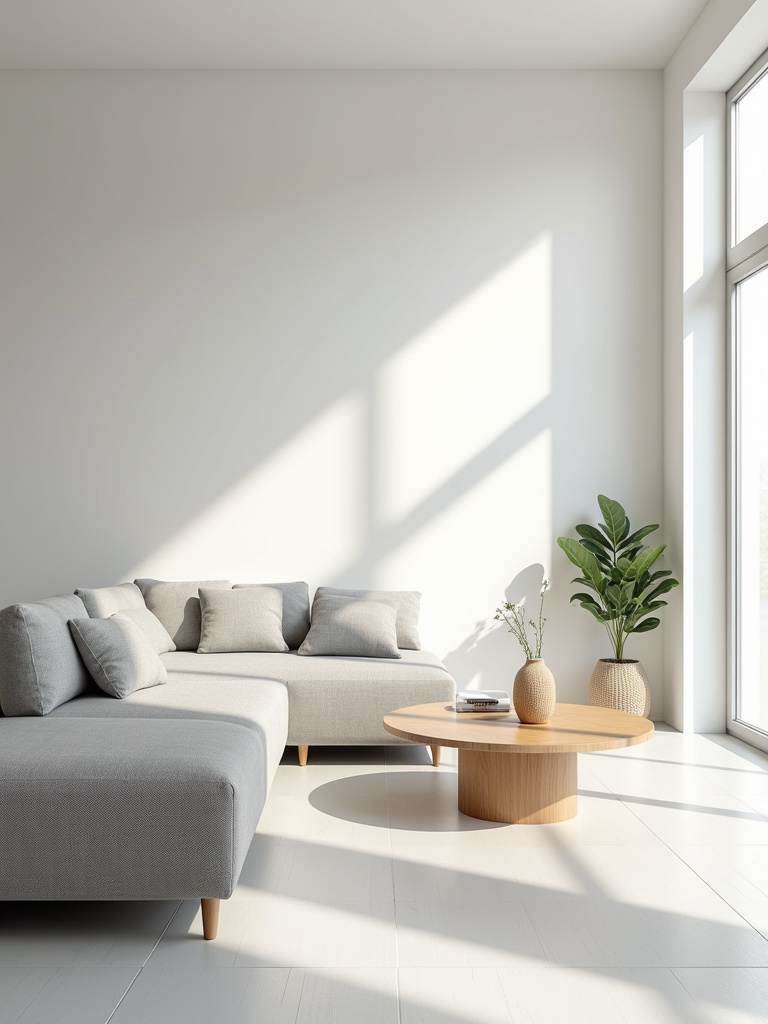 Minimalist living room with white walls, low-profile sofa, and minimal decor, emphasizing open space and clean lines.