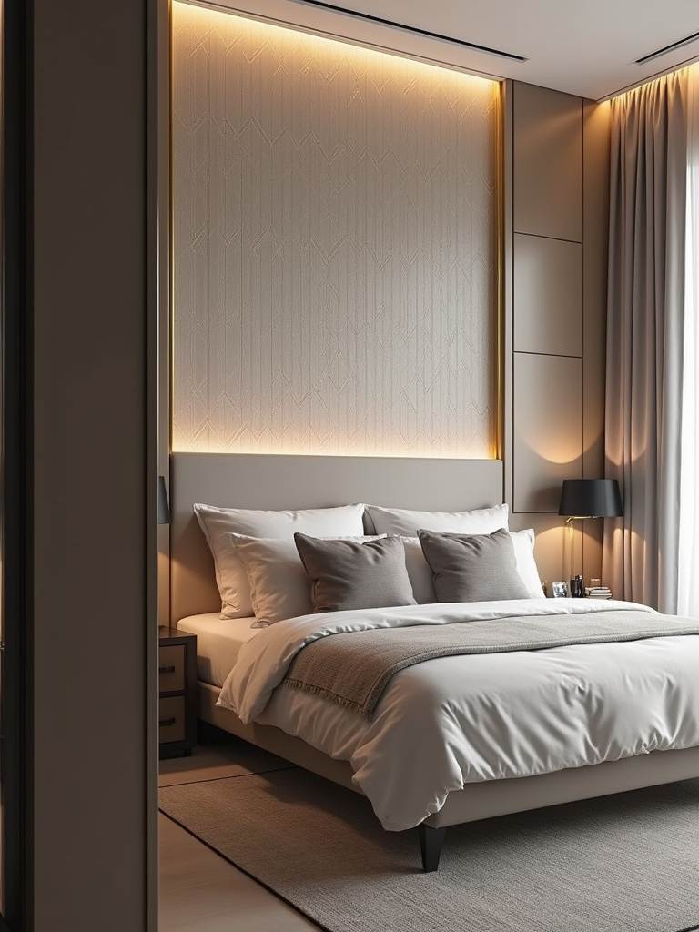 A luxury bedroom featuring a textured wallpaper accent wall with a subtle gold geometric pattern behind the bed, enhanced by soft ambient lighting.