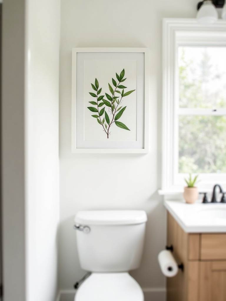 Bathroom with framed botanical print wall art above the toilet, adding personality and style to the space.