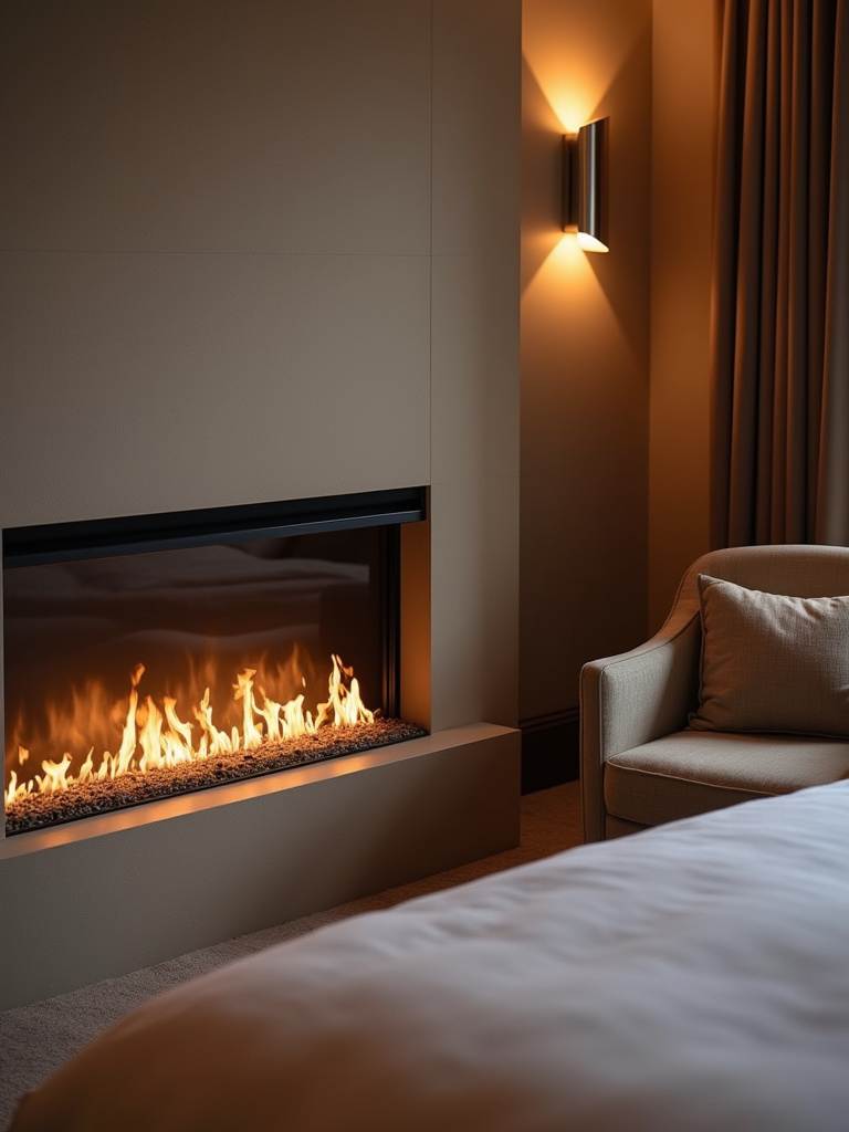 A luxury bedroom featuring a modern linear gas fireplace built into the wall, with a comfortable seating area in front and soft ambient lighting.