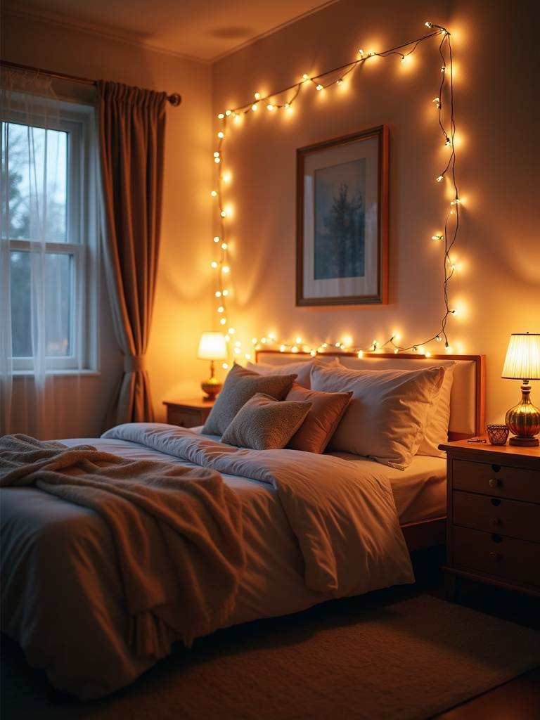 Cozy bedroom illuminated by soft ambient string lights, creating a gentle and magical atmosphere.