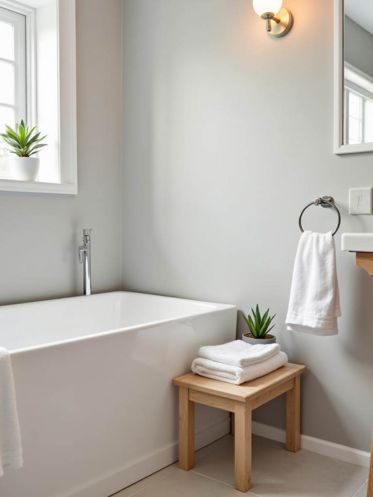 Bathroom with a small light wood bench, adding functional decor and style to the space.