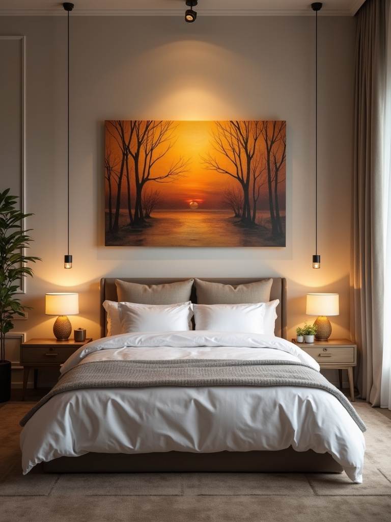 Bedroom walls adorned with warm-toned artwork, creating a visually inviting and cozy space.