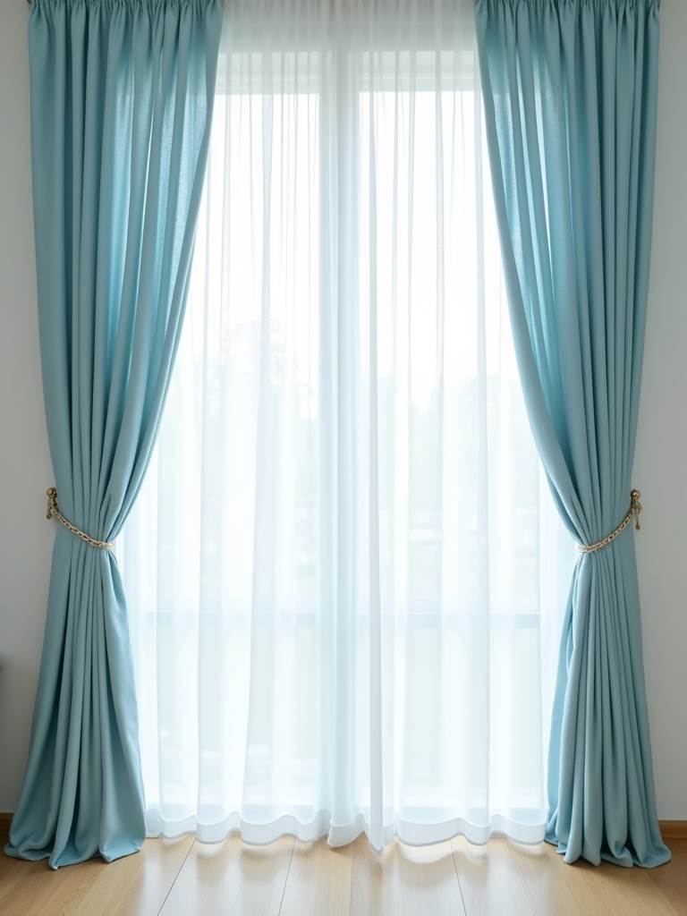 Bright and airy bedroom with tall windows draped in powder blue sheer curtains, filling the room with soft natural light.