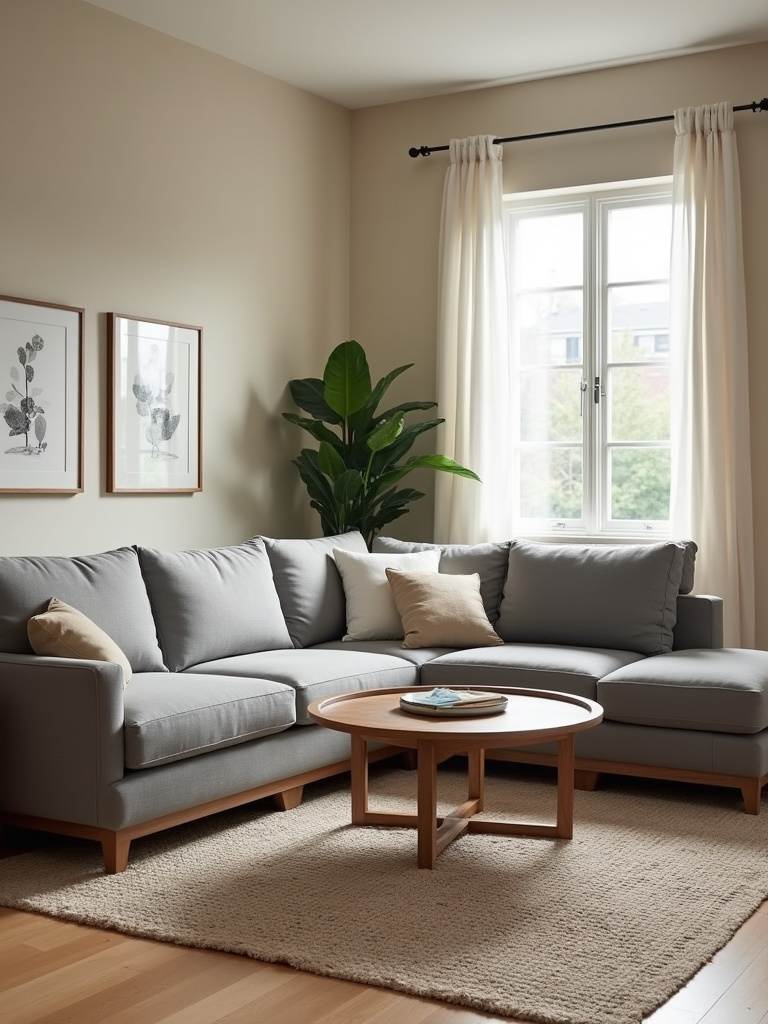 Contemporary living room with a large L-shaped gray sectional sofa anchoring the corner and defining the seating area.