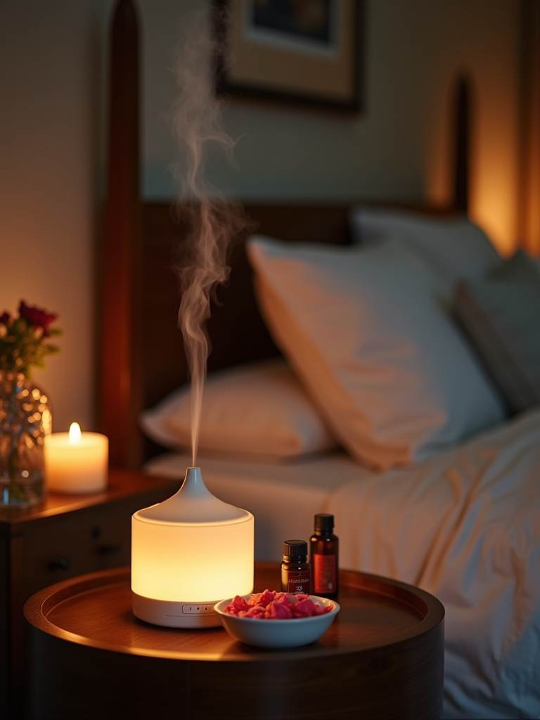 Bedside table with essential oil diffuser and candlelight, creating a romantic scent atmosphere.