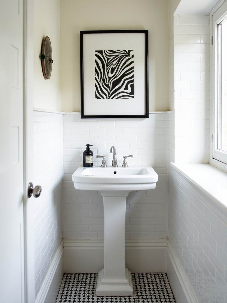 Small eclectic bathroom featuring framed abstract art in a black and white palette hanging above a white pedestal sink, adding personality and style to the white tile and black and white patterned room.