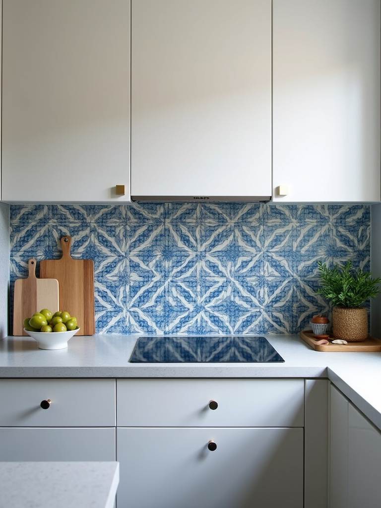 Modern kitchen backsplash featuring a blue and white geometric patterned ceramic tile design.
