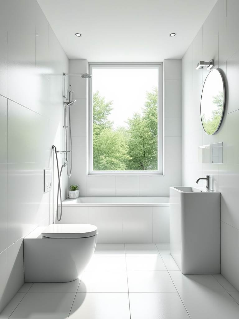 Small minimalist bathroom bathed in bright natural light, featuring an all-white color scheme on walls, floor, and fixtures, maximizing visual space and brightness.