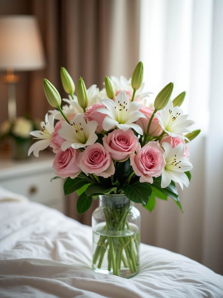 Elegant vase of pink roses and white lilies on a bedside table.
