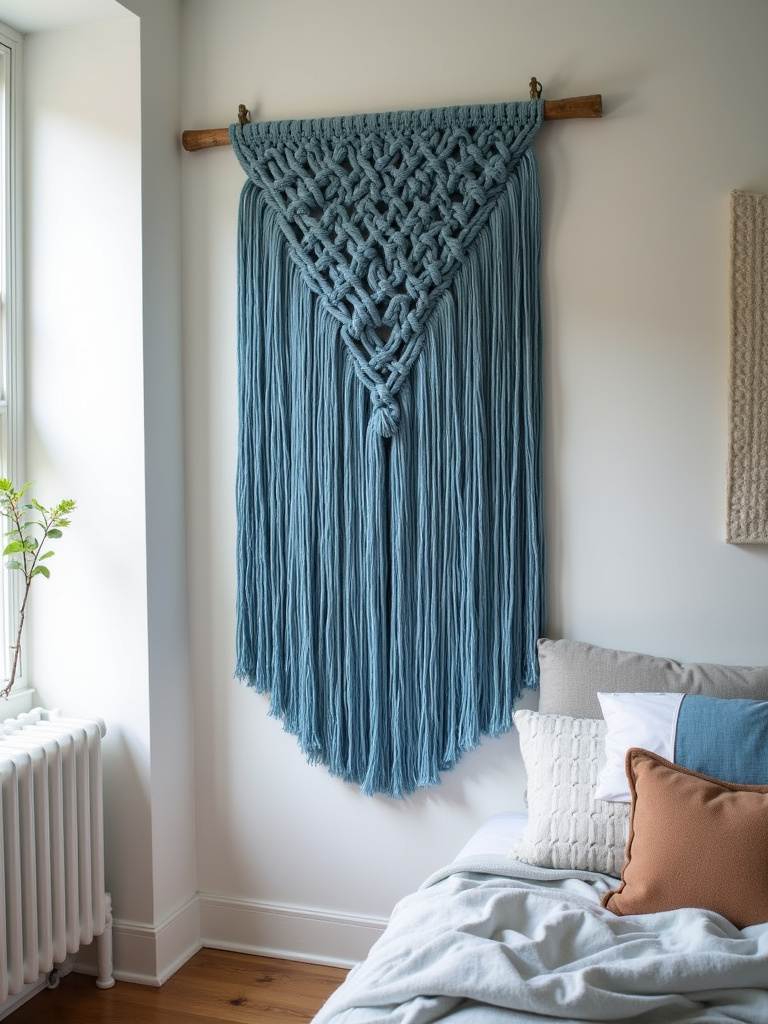 Bedroom wall featuring a large blue macrame wall hanging with intricate knotting, highlighted by natural light, in a neutral bohemian bedroom.