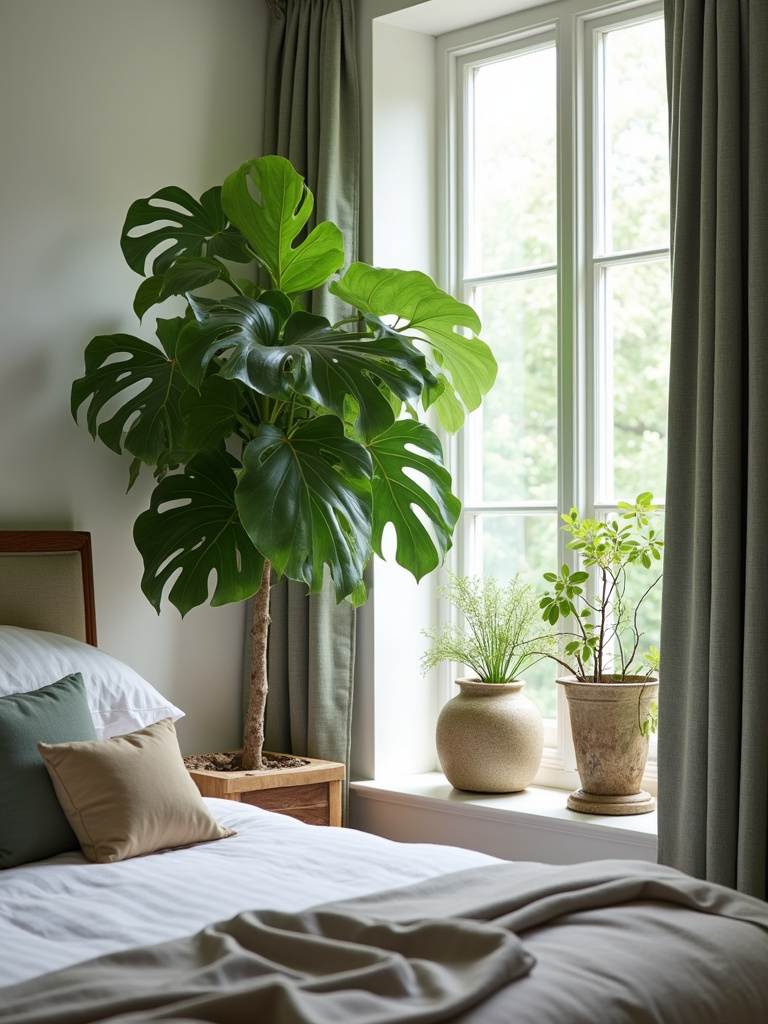 A luxury bedroom featuring strategically placed indoor plants, including a statement fiddle leaf fig tree and smaller decorative plants, complemented by natural light.