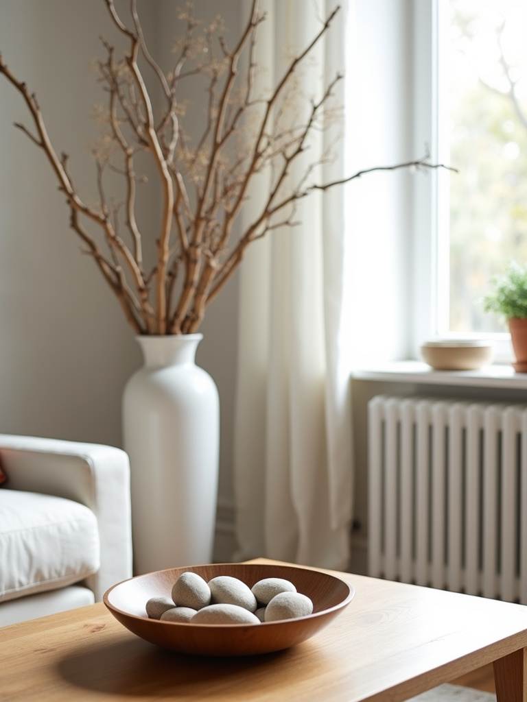 Minimalist living room featuring natural decor elements like foraged branches in a vase and stones in a bowl.