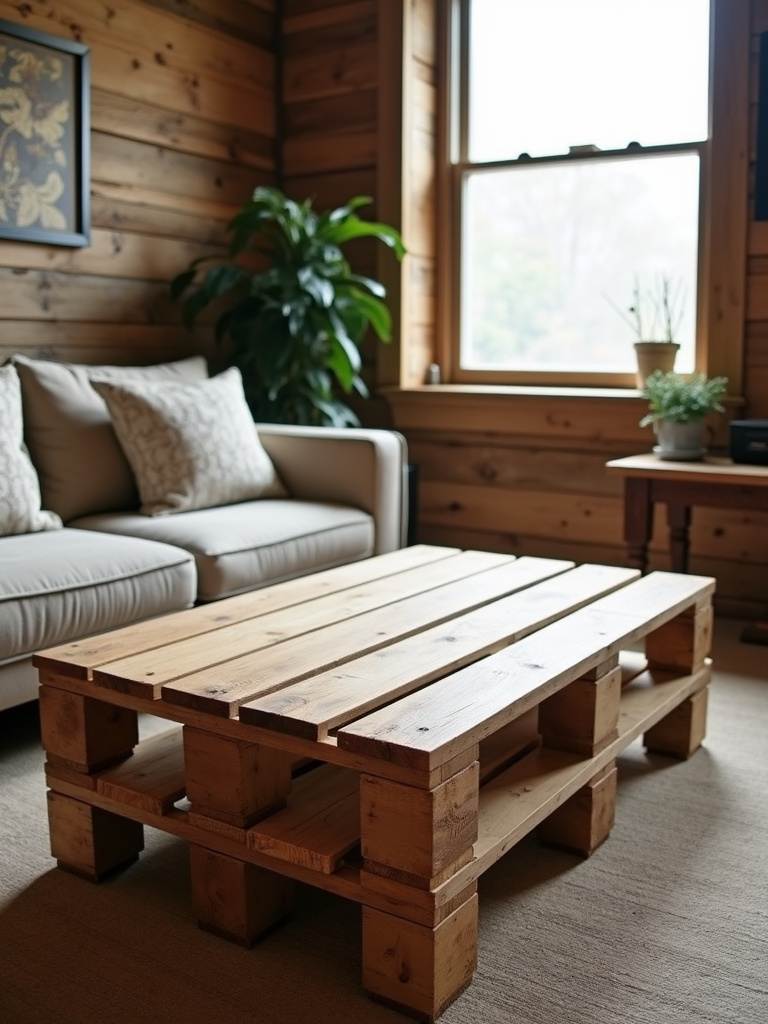 Rustic living room furnished with DIY pallet furniture, including a coffee table and sofa made from upcycled wooden pallets.