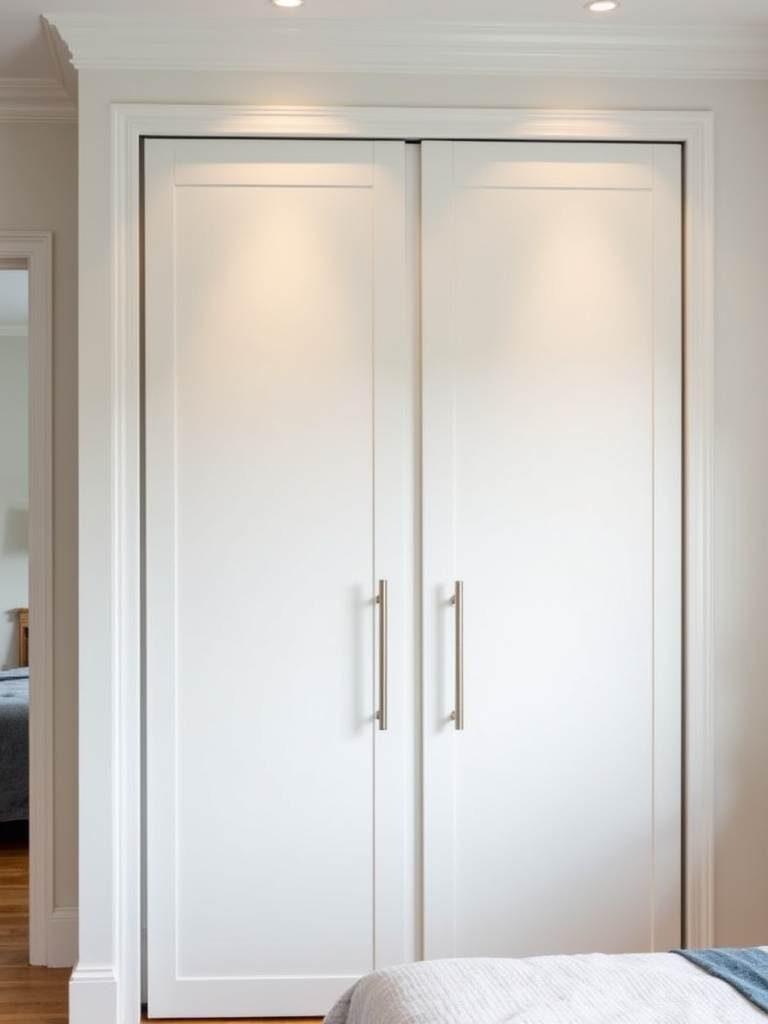 Small bedroom with a white built-in wardrobe featuring sliding doors, providing seamless and space-efficient closet design.