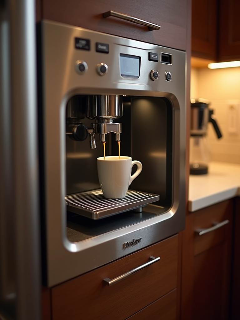 A sleek stainless steel built-in espresso machine is seamlessly integrated into luxury kitchen cabinetry, ready to dispense barista-quality coffee at home.