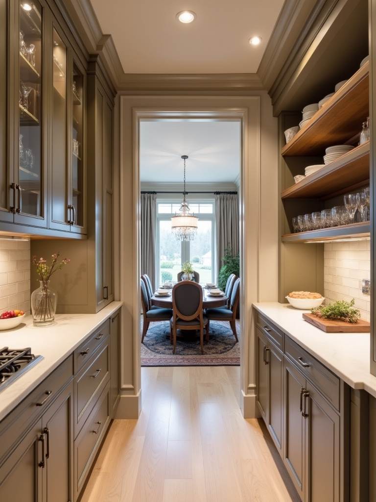 A luxurious butler’s pantry is showcased with elegant cabinetry, countertops, and open shelves filled with glassware and serving dishes, creating a sophisticated space for entertaining.