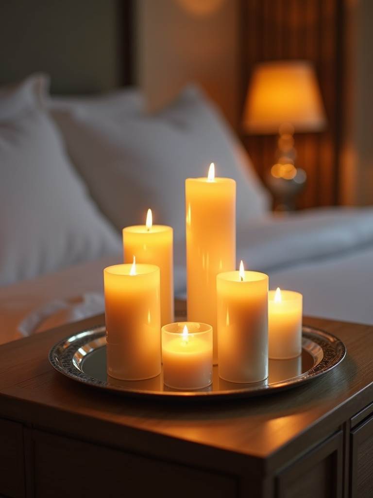Bedside table with a cluster of lit candles creating a romantic glow.