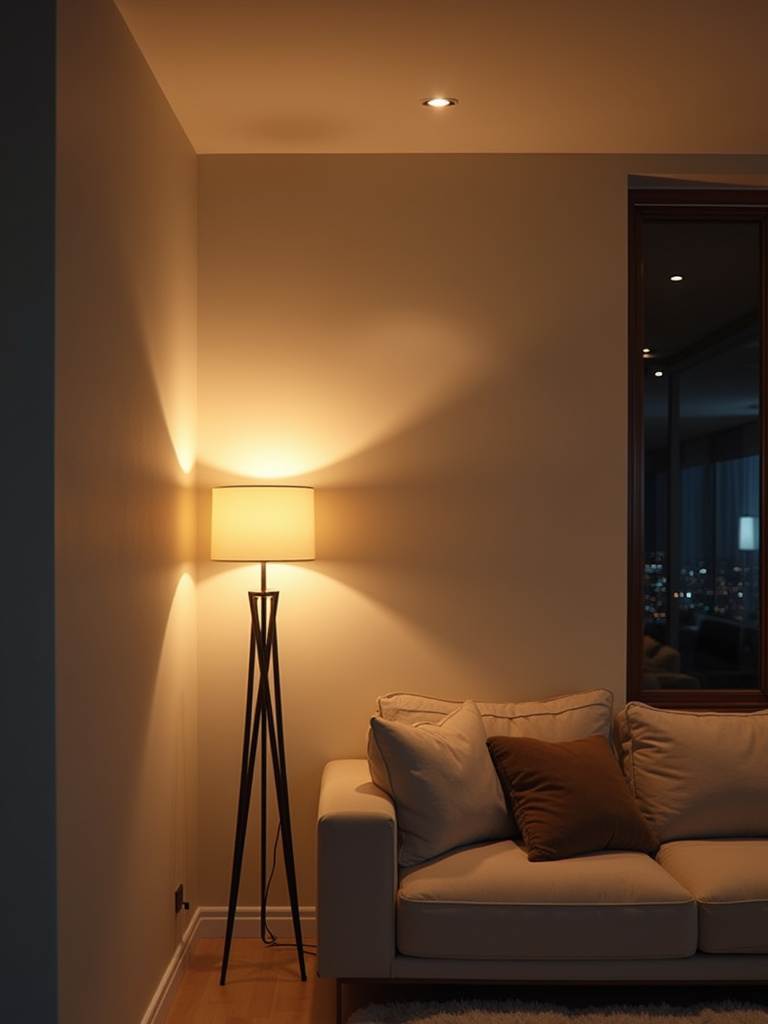 Modern living room illuminated with budget-friendly and energy-efficient LED lighting, including a floor lamp and recessed ceiling lights.
