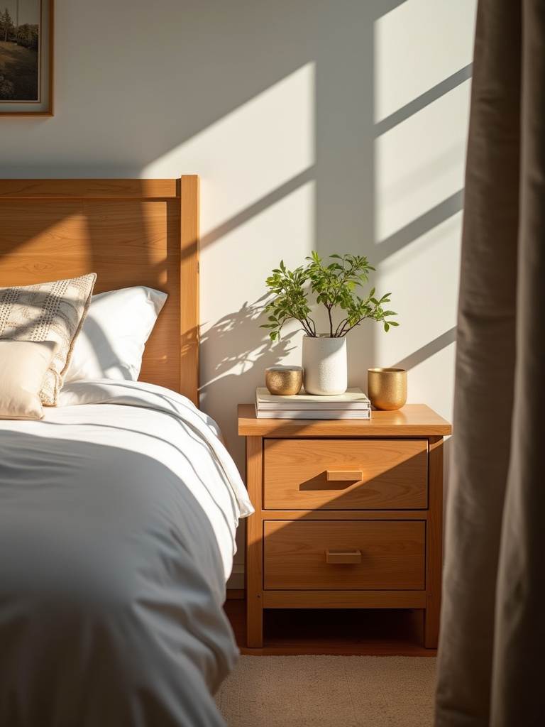 Cozy bedroom featuring natural wood furniture, adding organic warmth and texture.