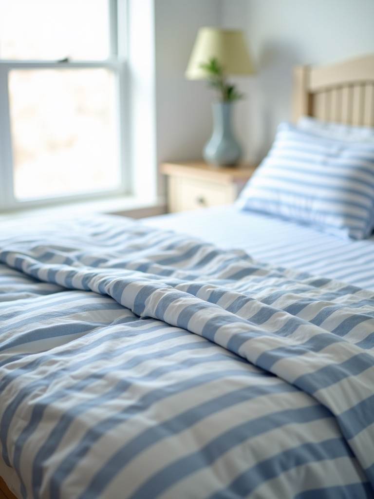 Neatly made bed with a classic blue and white striped bedding ensemble, bathed in soft natural light in a fresh and clean bedroom setting.